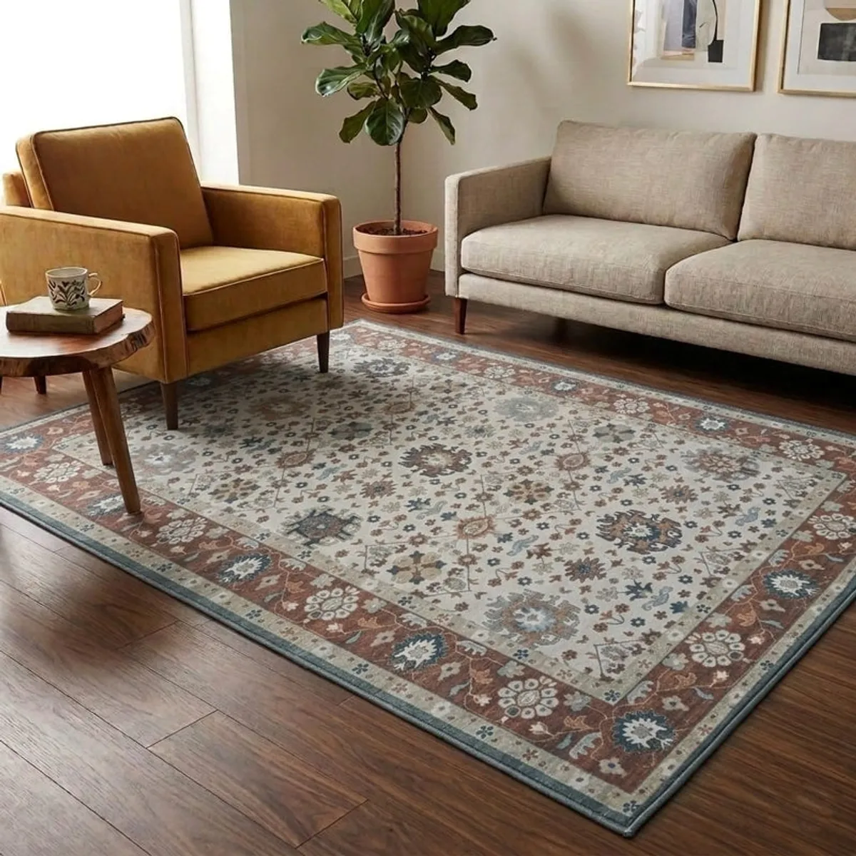 Multicolour patterned carpet styled beneath seating in a warm living room