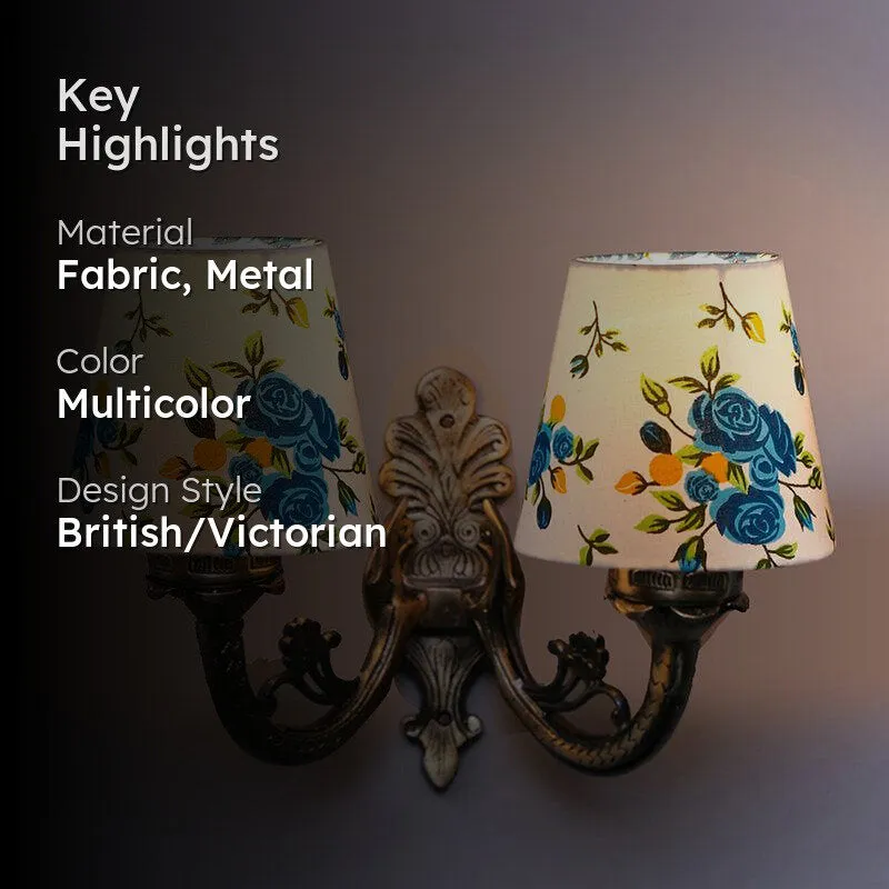 Vintage Blue Fleur Conical Duo Fabric & Metal Wall Lamp media 2