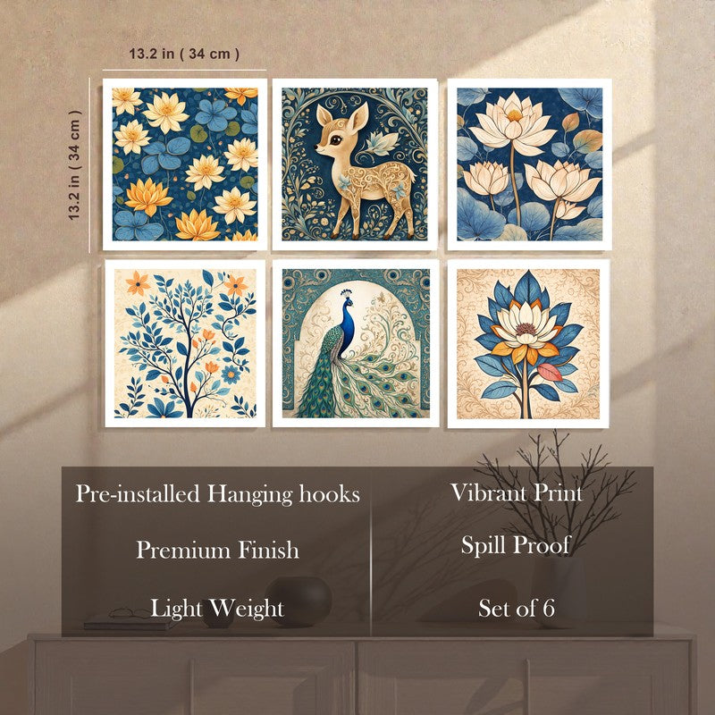 Indigo Vines Paper Wall Painting With Frame - Set Of Six media 8