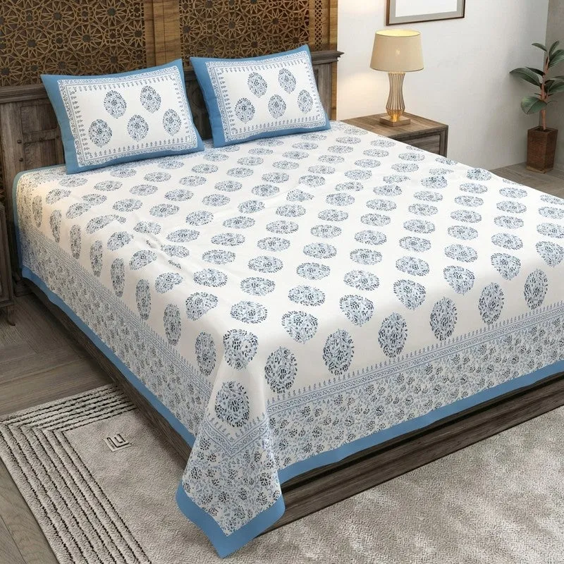 Blossoma Cotton Bedsheet (White,Blue) - 240 TC media 1