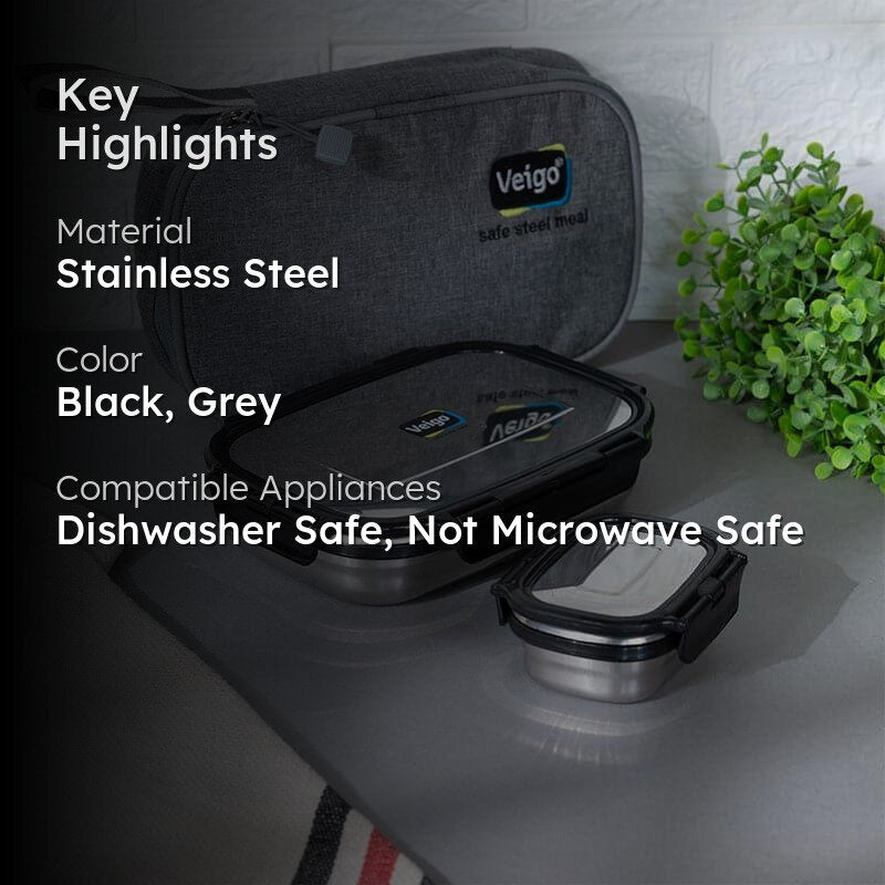 Delico Pack Black Lunch Box With Insulated Pouch (775 mL /150 mL) - Three Piece Set image 2