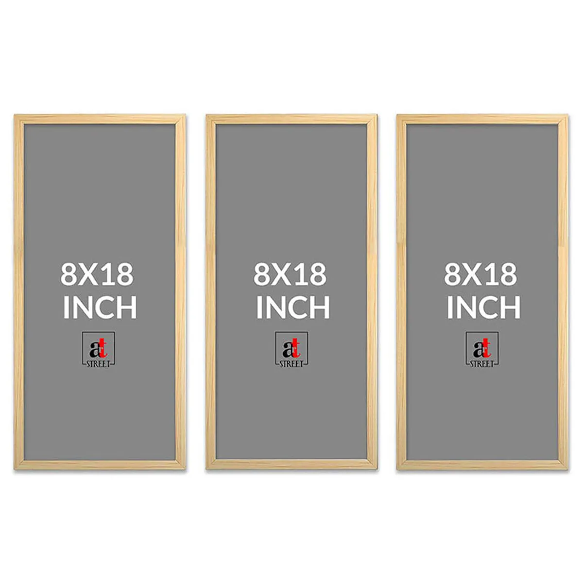 Three empty rectangular beige wall art frames side by side