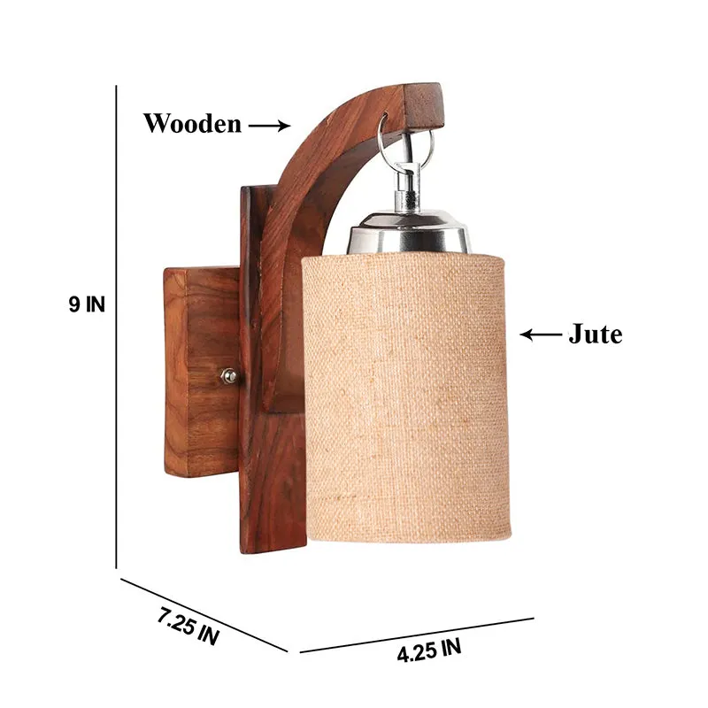 Wooden wall lamp with beige cylindrical fabric shade on white background