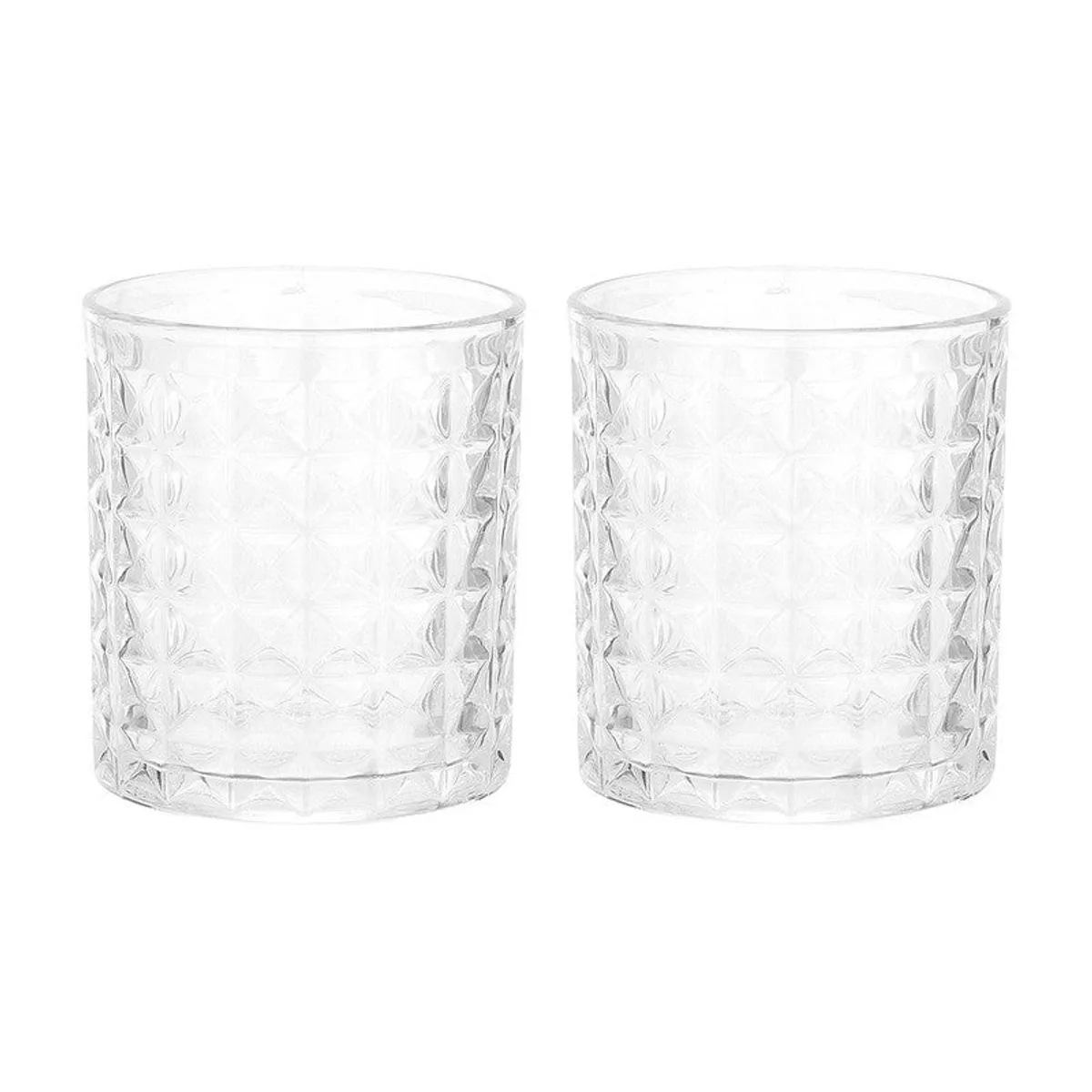 Pair of clear geometric-textured whiskey glasses displayed side by side