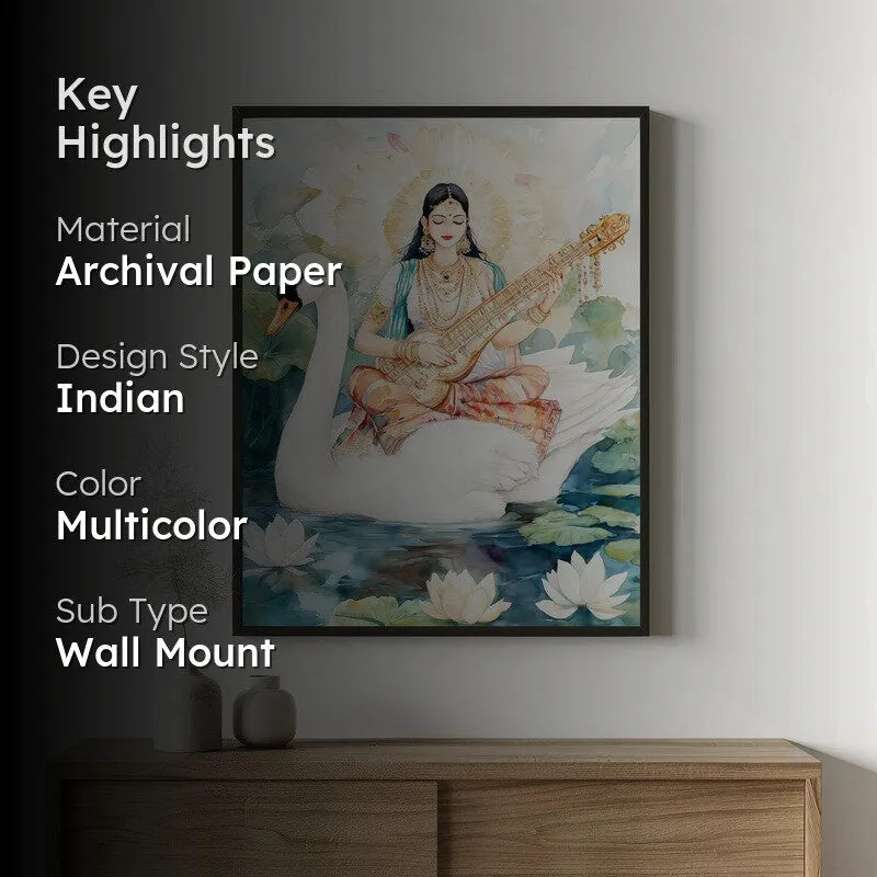 Vijnana Saraswati Spiritual Archival Paper Wall Painting With Frame - Black media 2