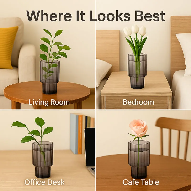 Grey ribbed vase styled in living room, bedroom, desk and table settings