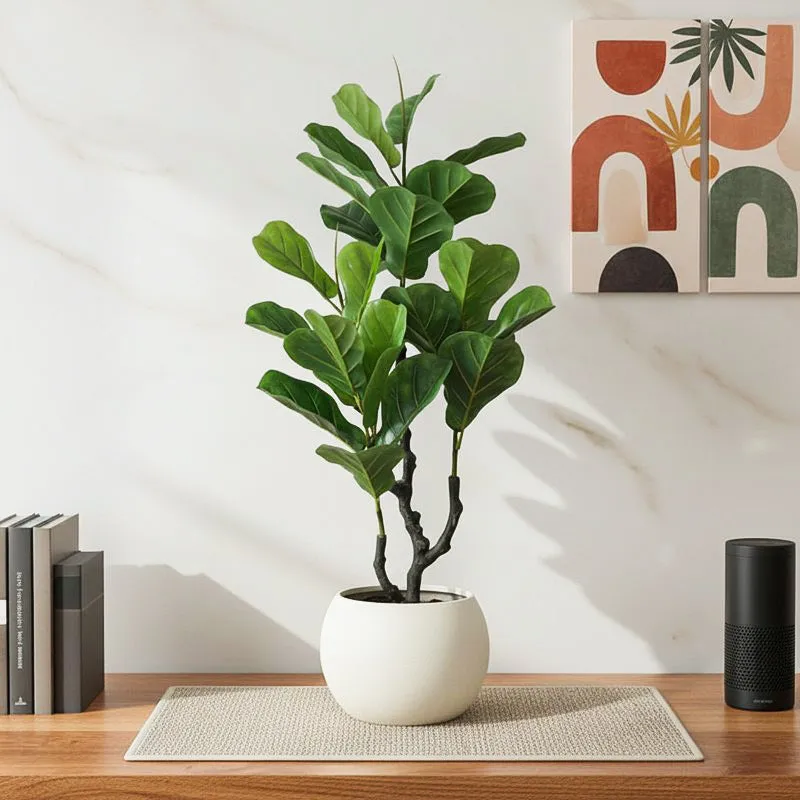Faux Fiddle Fig Plant With Black Plastic Pot - 2.9 Feet media 1