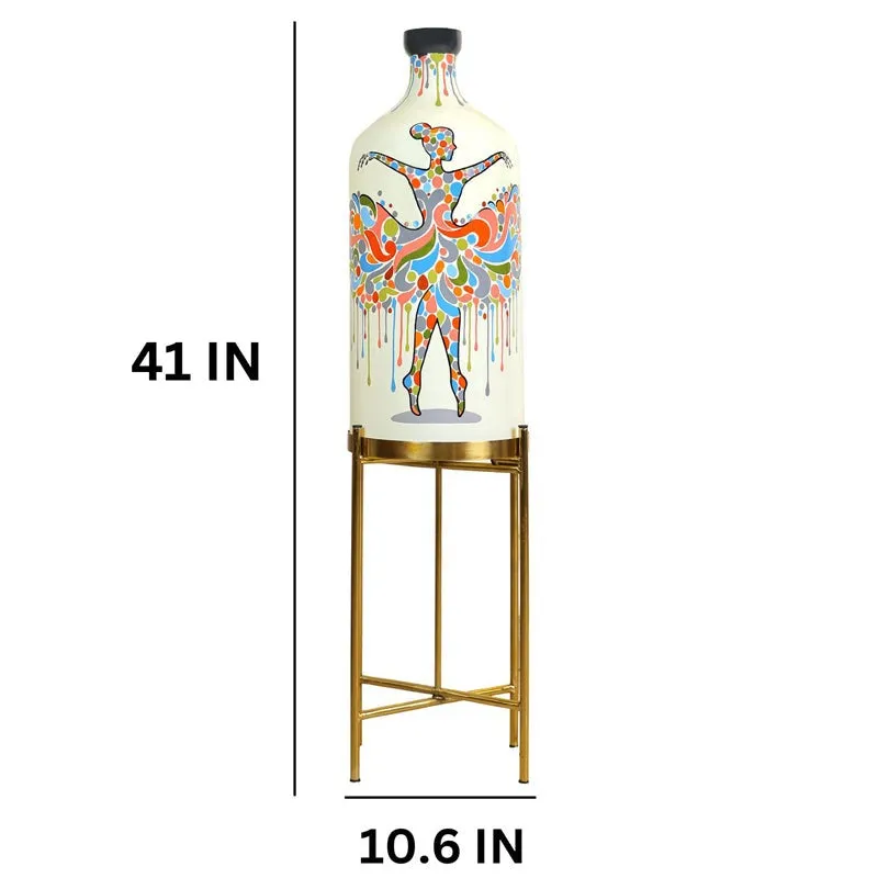 Glass floor lamp with metal stand shown with height and width markings