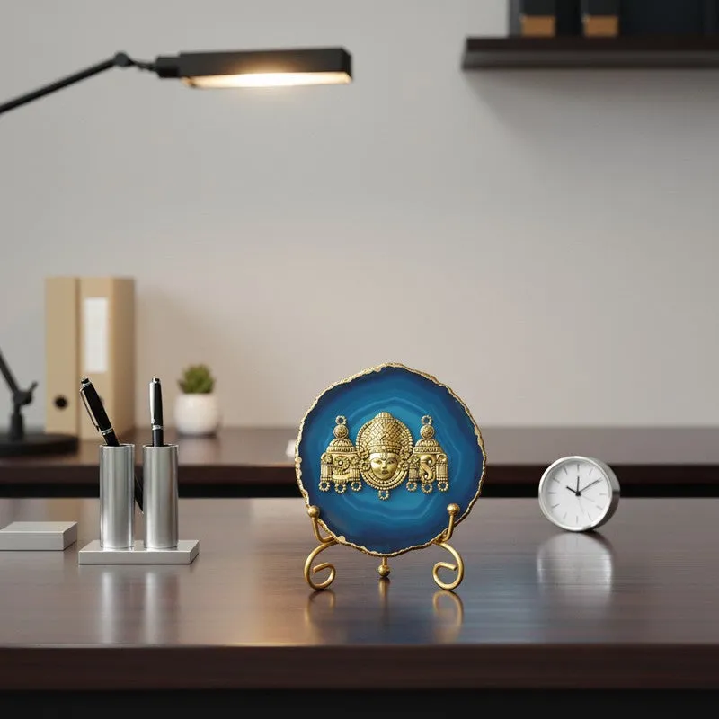 Mahalakshmi Agate Showpiece With Stand - Blue & Gold media 5