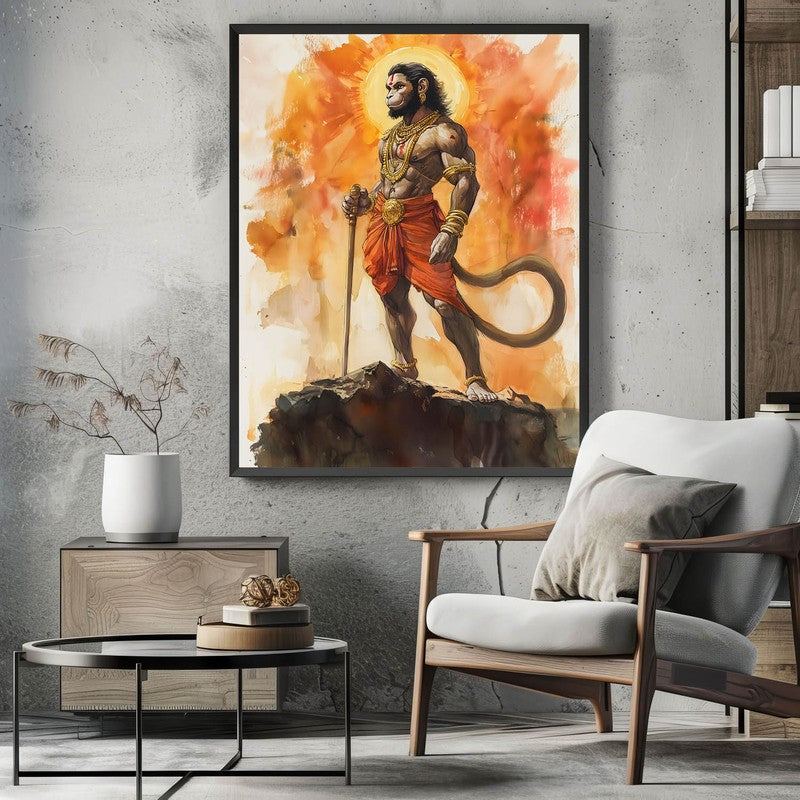 Anjaneya's Leap Spiritual Archival Paper Wall Painting With Frame - Black media 3