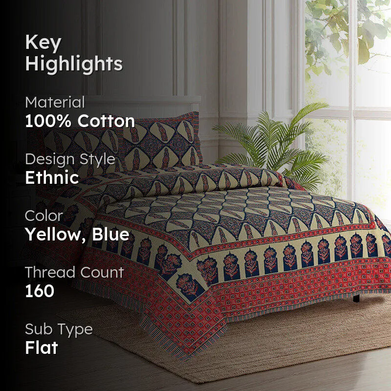 Apeksha Ethnic Cotton Bedsheet (Yellow,Blue) - 160 TC media 2
