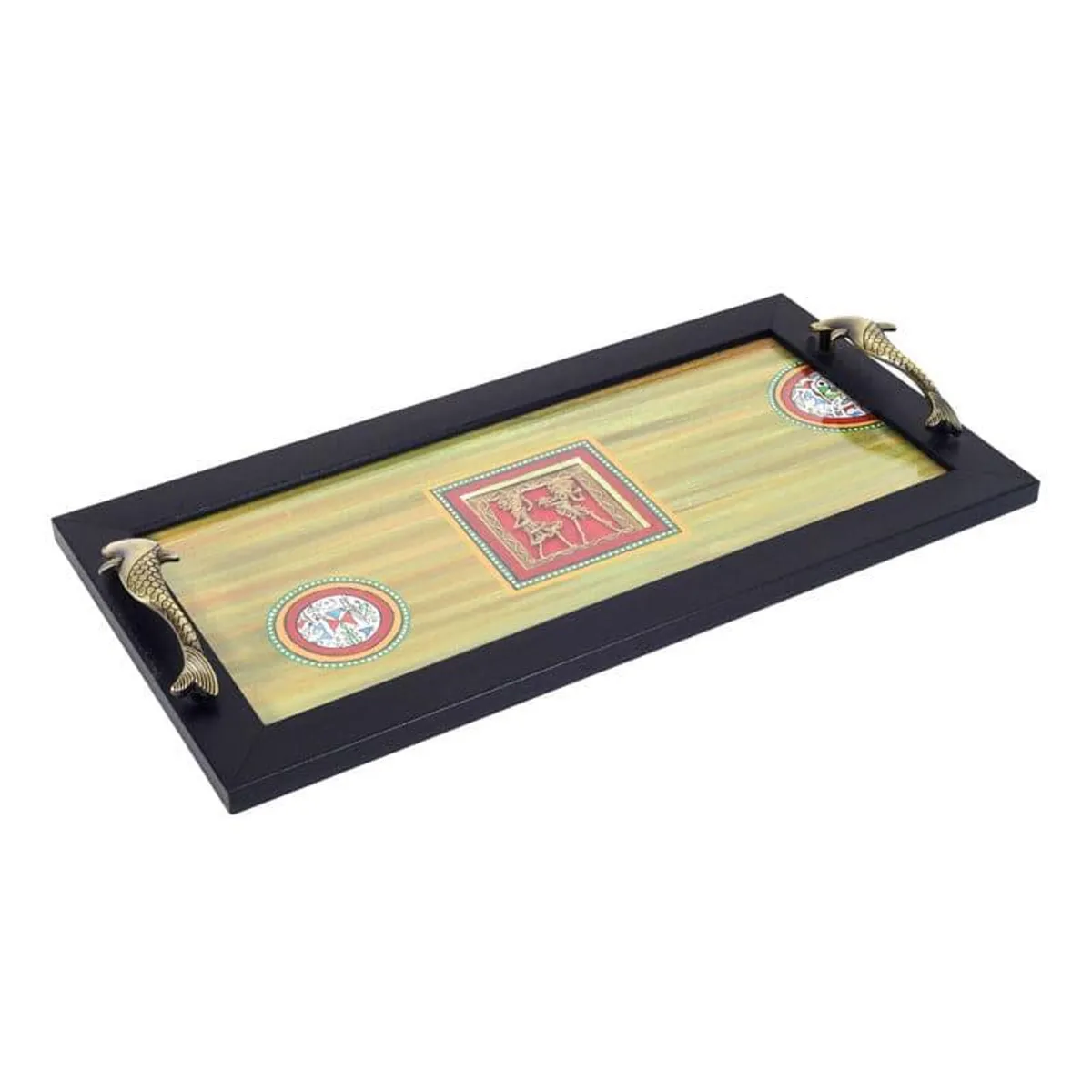 Rectangular wooden serving tray with black frame, cultural motifs and fish-shaped handles