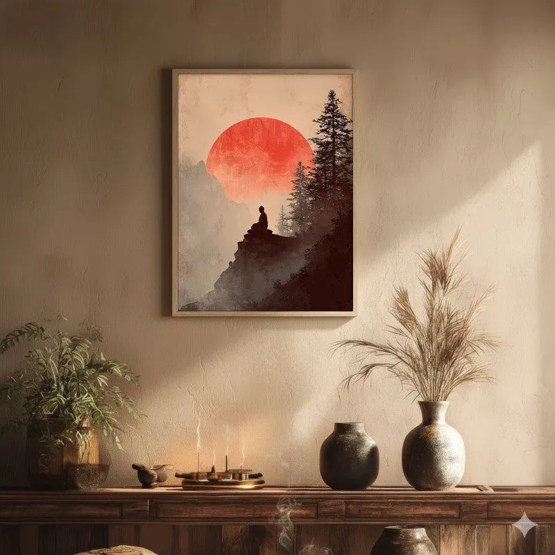 Crimson Sun II Over Silent Peaks Archival Paper Wall Painting With Brown Frame media 1