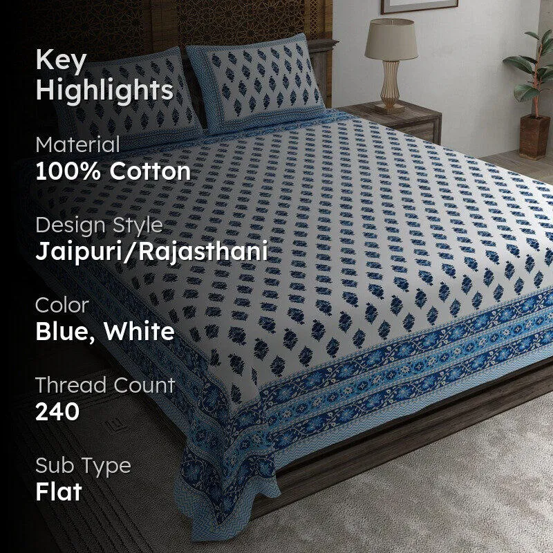 Bloomza Cotton Bedsheet (Blue,White) - 240 TC media 2