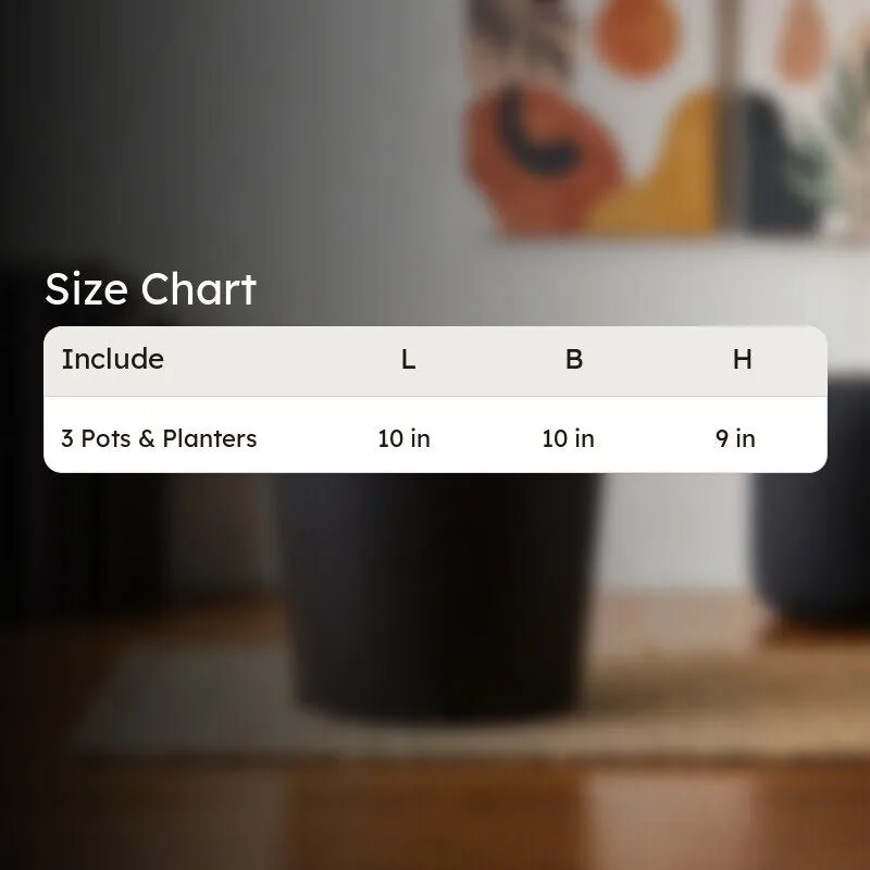 Black plant pot displayed in a size chart