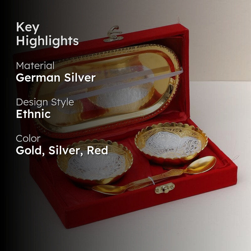 Kumudini Light Gold Bowl With Spoon & Tray (100 ML) - Five Piece Set image 2