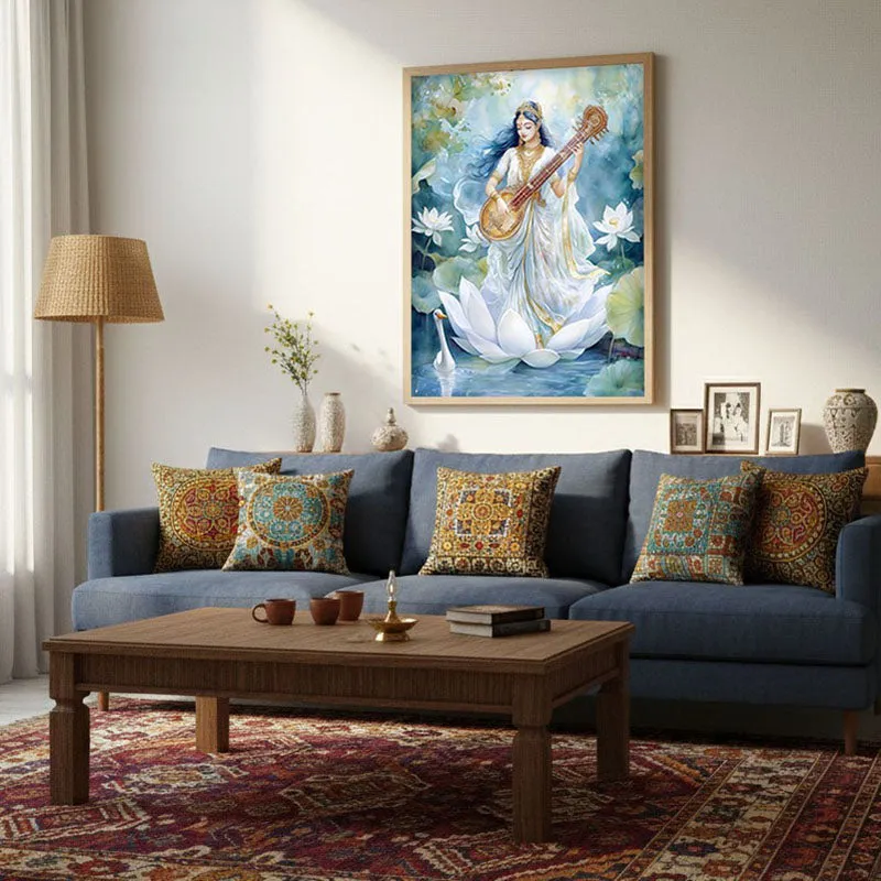 Veena Vaadhini Spiritual Archival Paper Wall Painting - Natural Brown Frame media 4