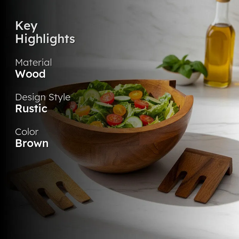 Artisan Carved Wood Salad Bowl With Hands (750 mL) - Three Piece Set media 2