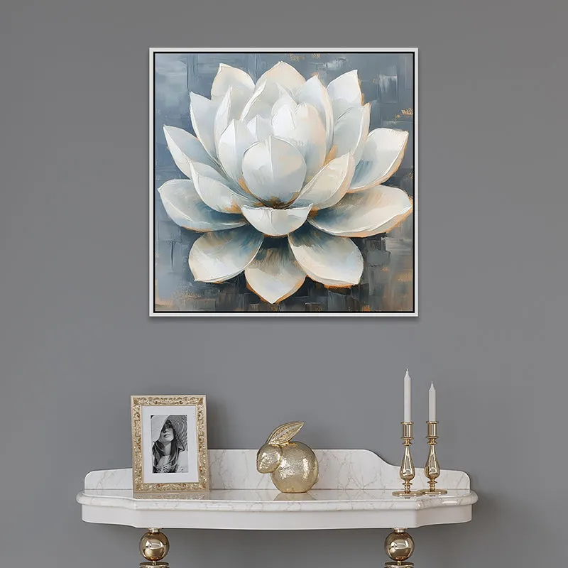 Luminous Lotus Canvas Wall Painting With Frame - White media 1