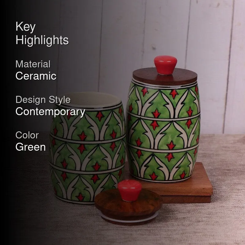 Handcrafted Ceramic Jar (Green, 550 mL Each) - Set Of Two media 2