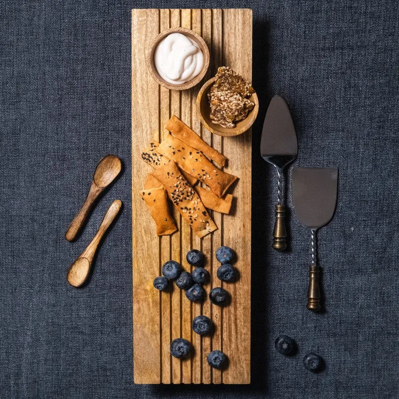 Linear Wood Serving Platter with Dual Dip Bowls - Three Piece Set media 3