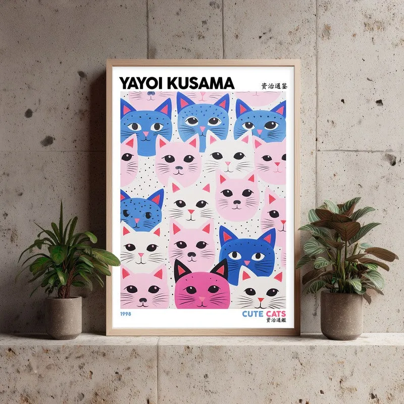 Cute Cats Inspired by Yayoi Kusama Archival Canvas Wall Art - Natural Brown Frame media 4