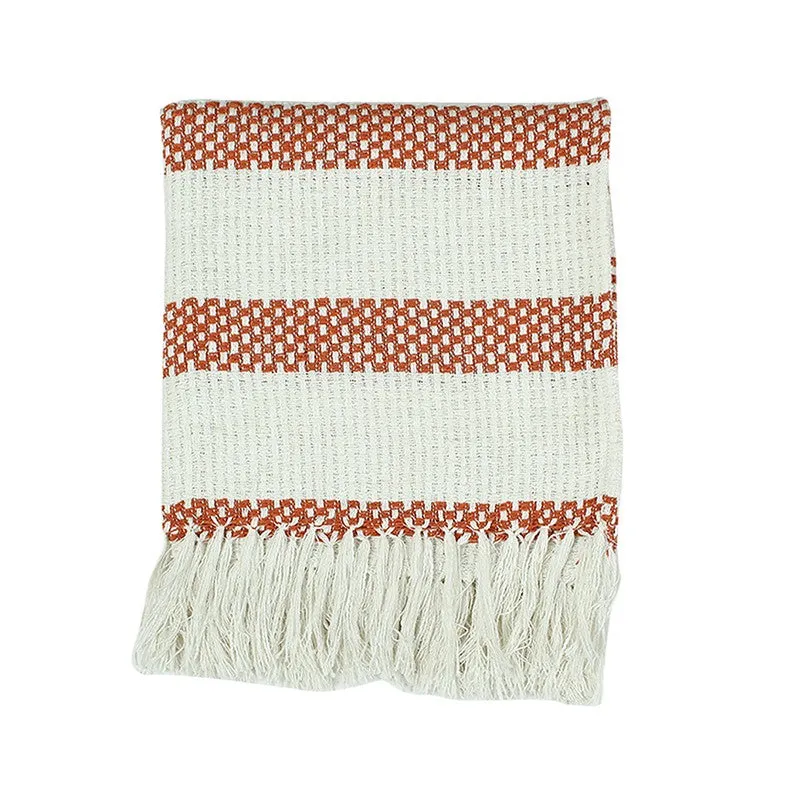 Orange and cream fringed throw shown flat from the front