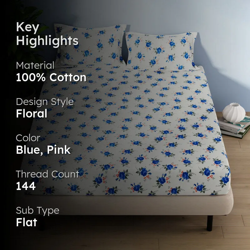 Serina Flora Cotton Bedsheet (Blue) - 144 TC media 2