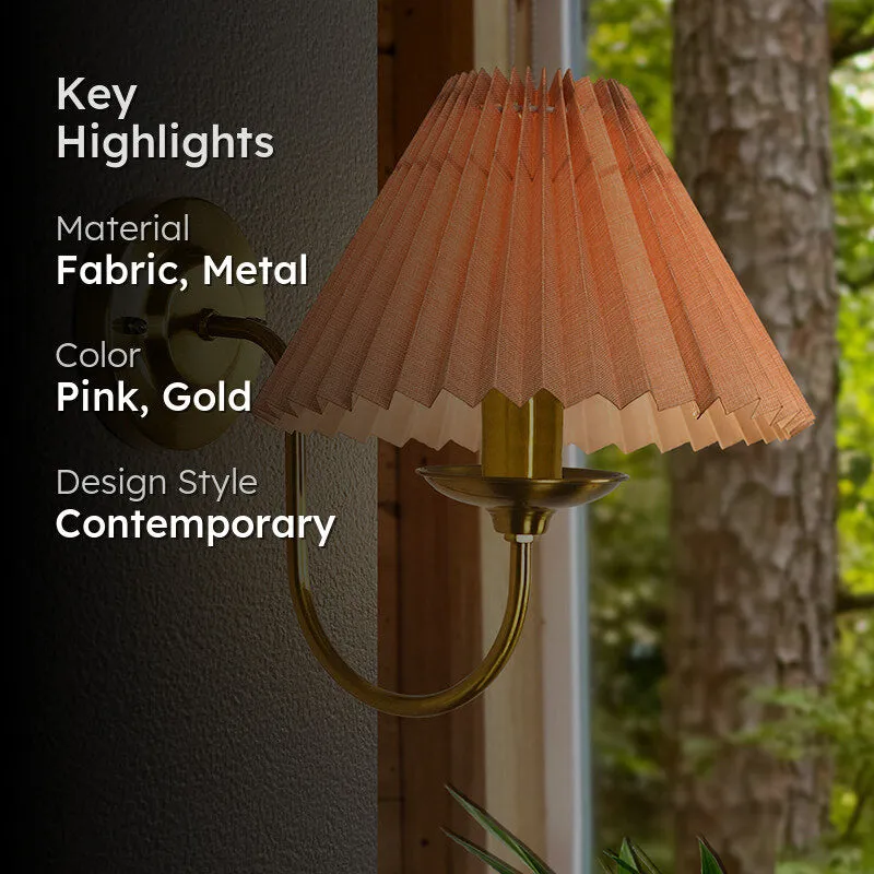 French Pleat Fabric & Metal Wall Lamp - Gold & Pink media 2