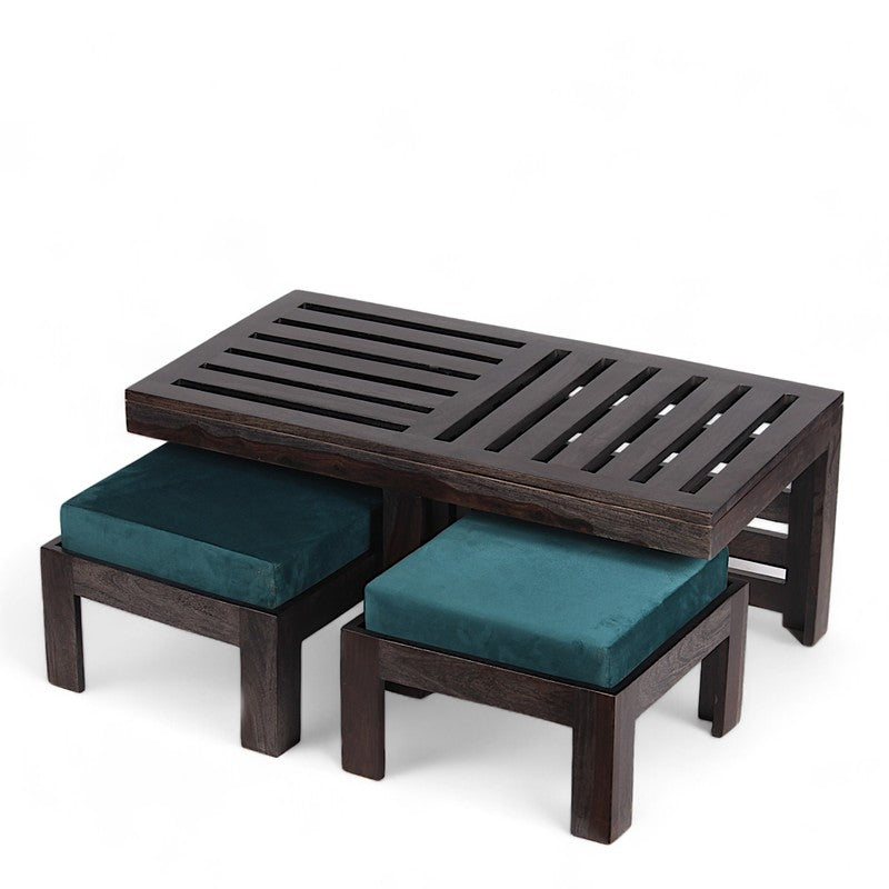 Zavro Sheesham Wooden Center Table with Stools (Deep Brown,Blue) - Five Piece Set media 5