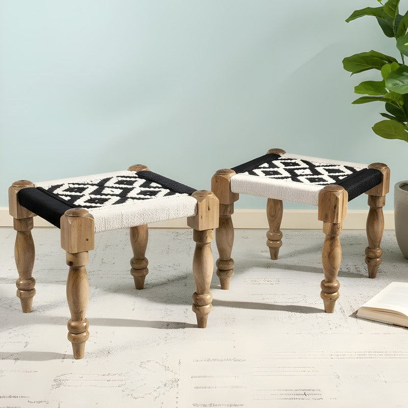 Ixaro Sheesham Wooden Stools (Black,White) - Set Of Two