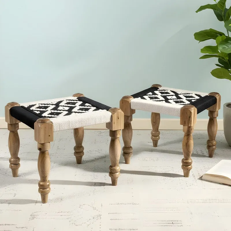 Ixaro Sheesham Wooden Stools (Black,White) - Set Of Two media 1