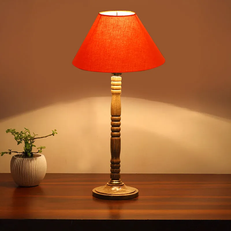 Glow Mesa Table Lamp With Carved Wooden Base - Orange,Brown media 2