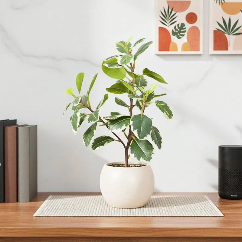 Artificial Green Quercus Leaf Small Plant With Black Fiber Pot - 1 Feet media 1