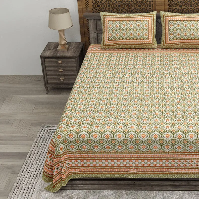 Leafa Cotton Bedsheet (Olive Green,Peach) - 240 TC media 3