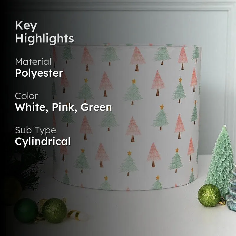 White cylindrical lampshade with pink and green Christmas tree print