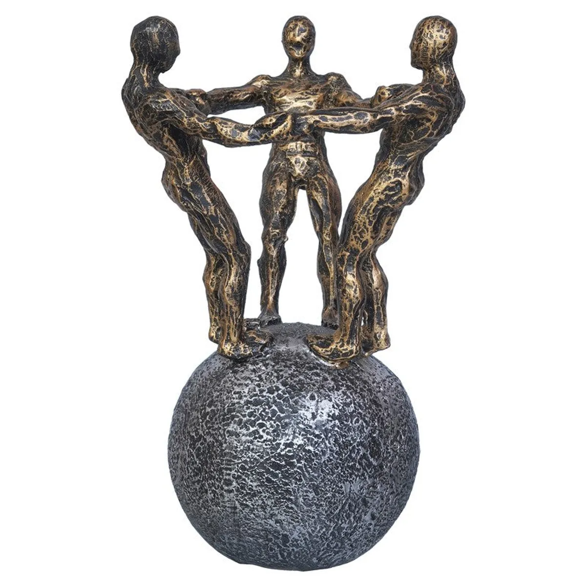 Studio view of figurative gold sculpture on a grey spherical base