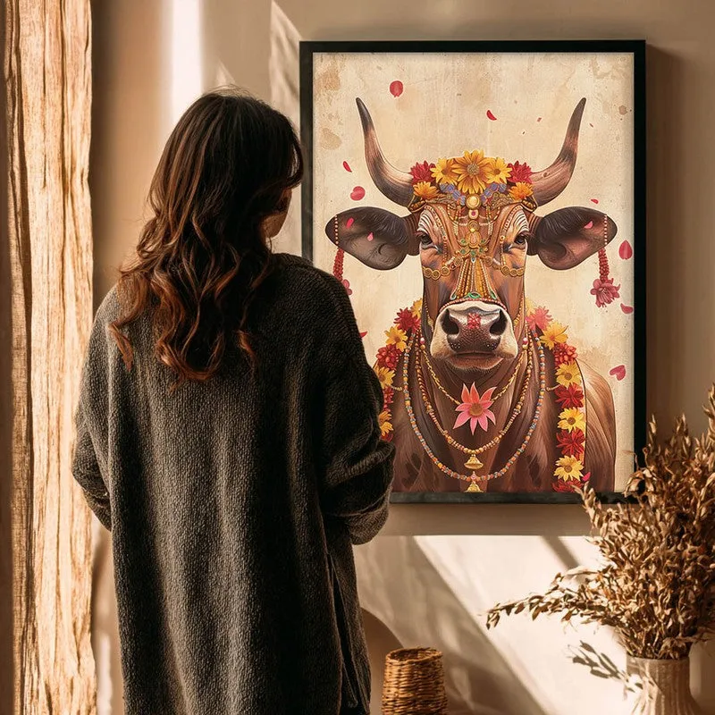 Divine Cow Traditional Canvas Wall Painting With Black Frame media 6