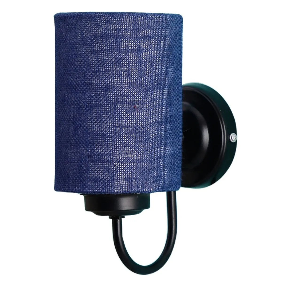 Side view of blue jute wall lamp with cylindrical shade and black mount