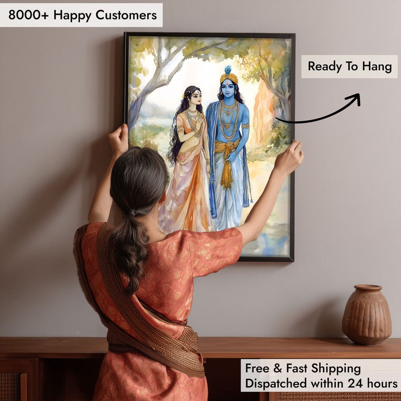 Radha Krishna Spiritual Archival Paper Wall Painting With Frame - Black media 6