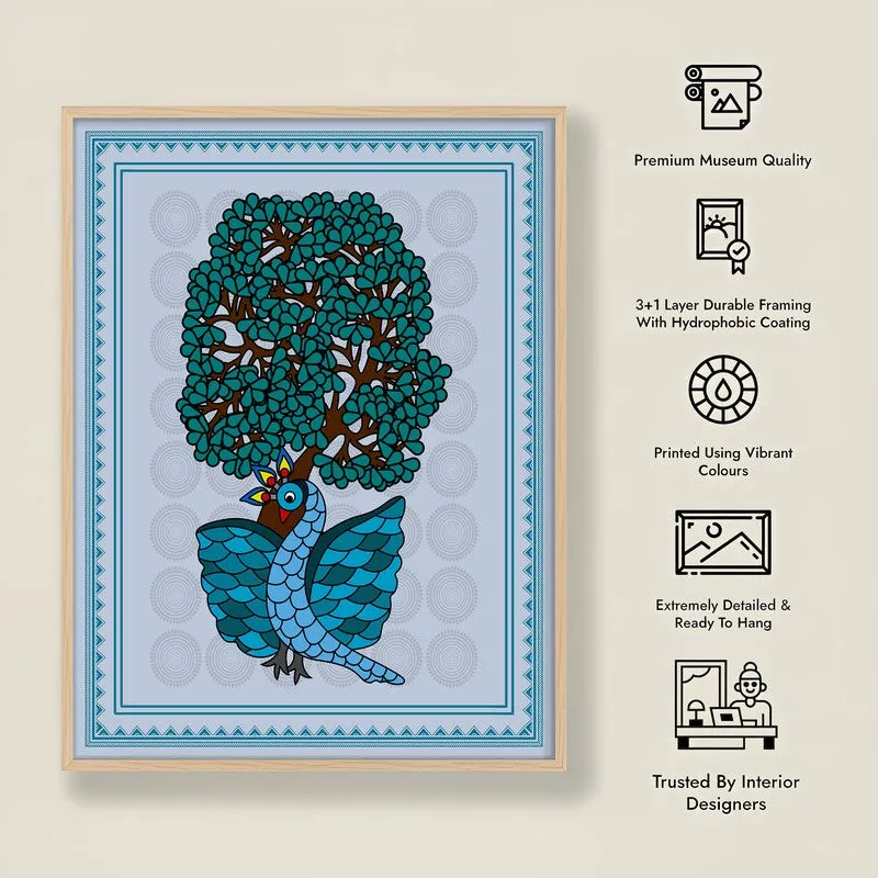 Ethereal Peacock Framed Gond Canvas Archival Canvas Wall Painting - Natural Brown Frame media 9