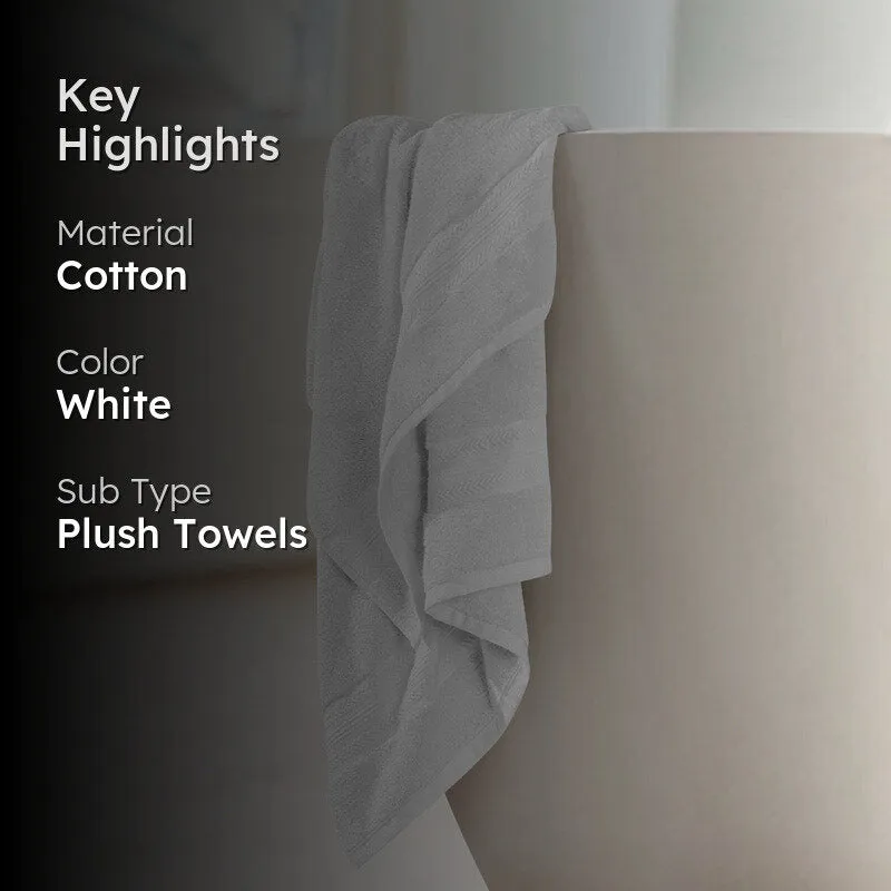 White bath towel draped over a bathtub with product highlights shown beside it.