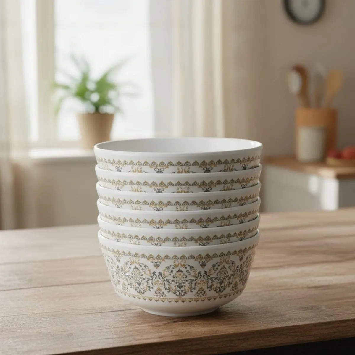 Stack of white snack bowls with repeating gold and grey decorative bands