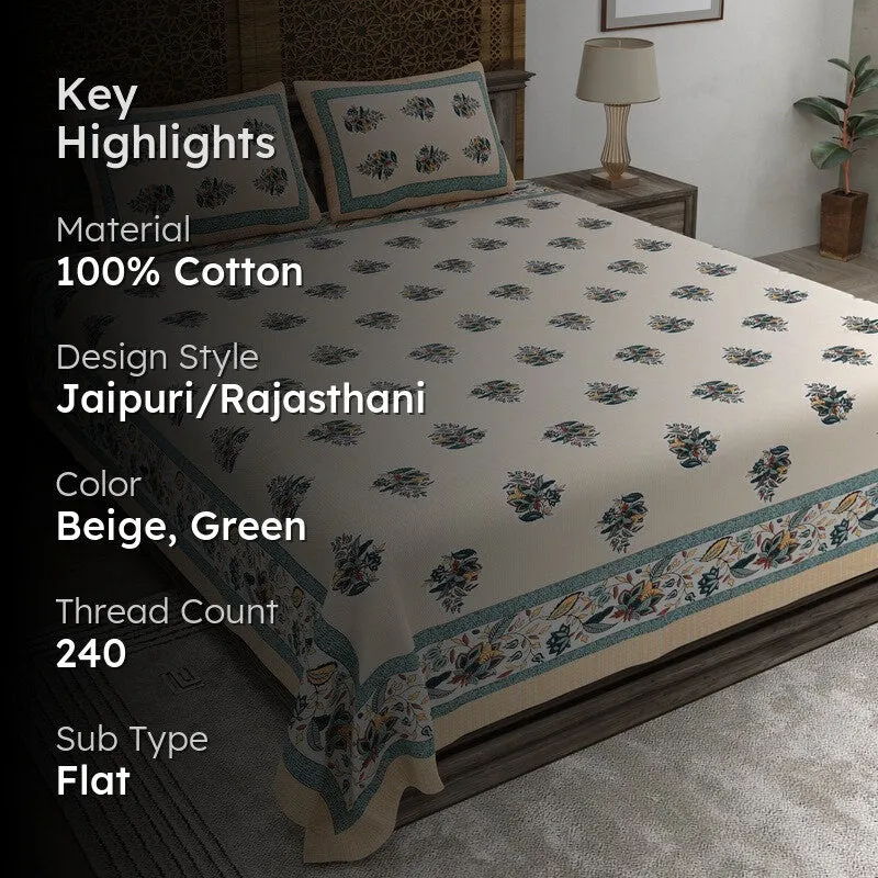 Royalra Cotton Bedsheet (Beige,Green) - 240 TC media 2