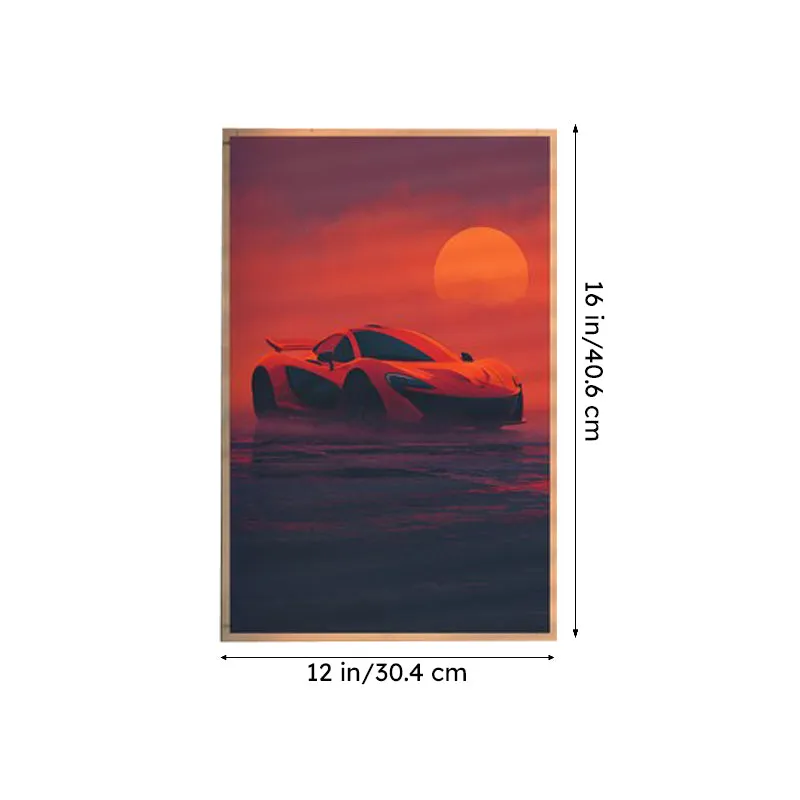 Single car poster with sports car and sunset shown vertically