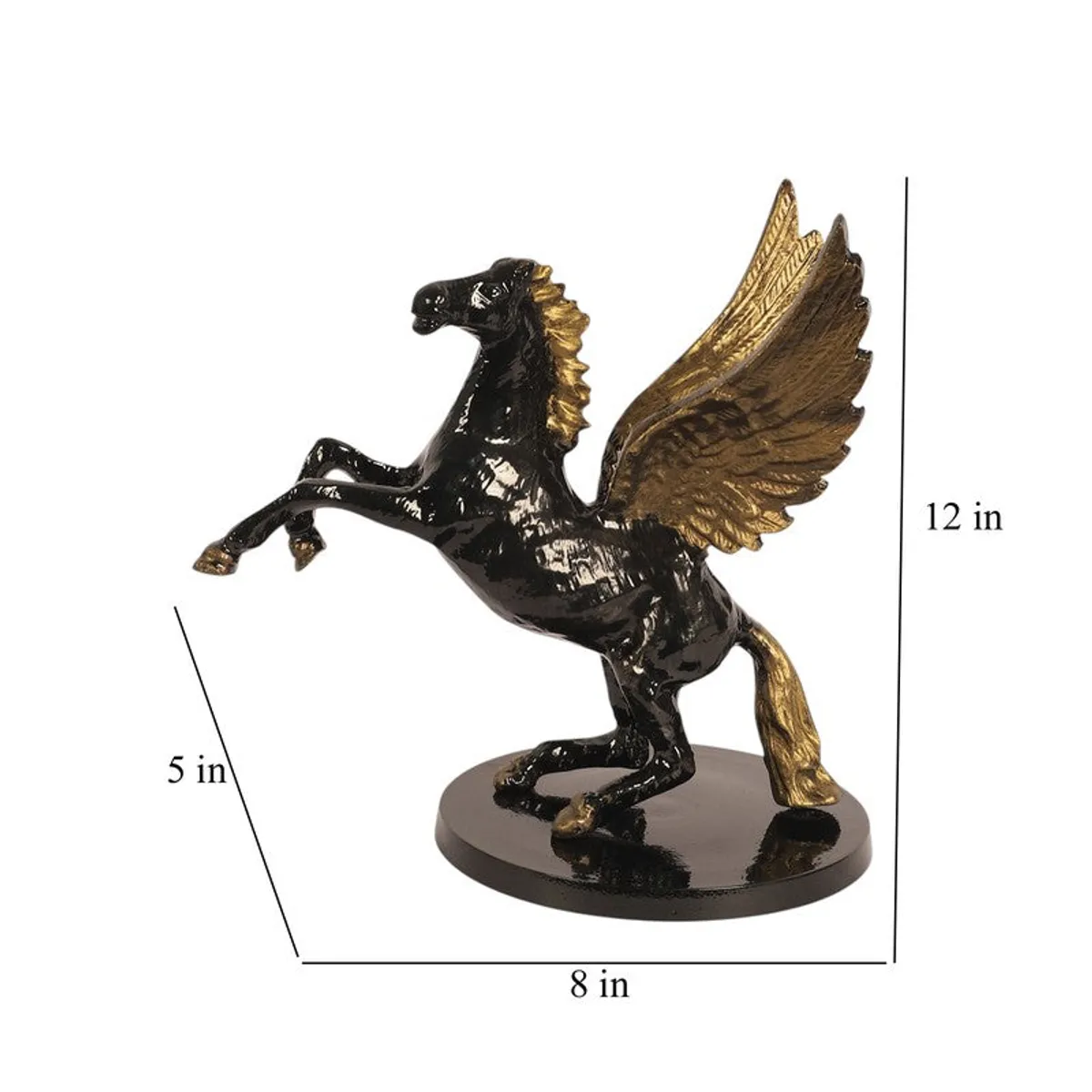 Black and gold winged horse showpiece photographed with dimension markers