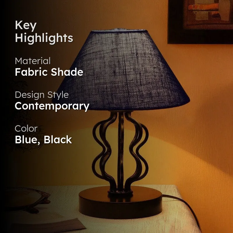 Blue and black table lamp highlight image with fabric shade