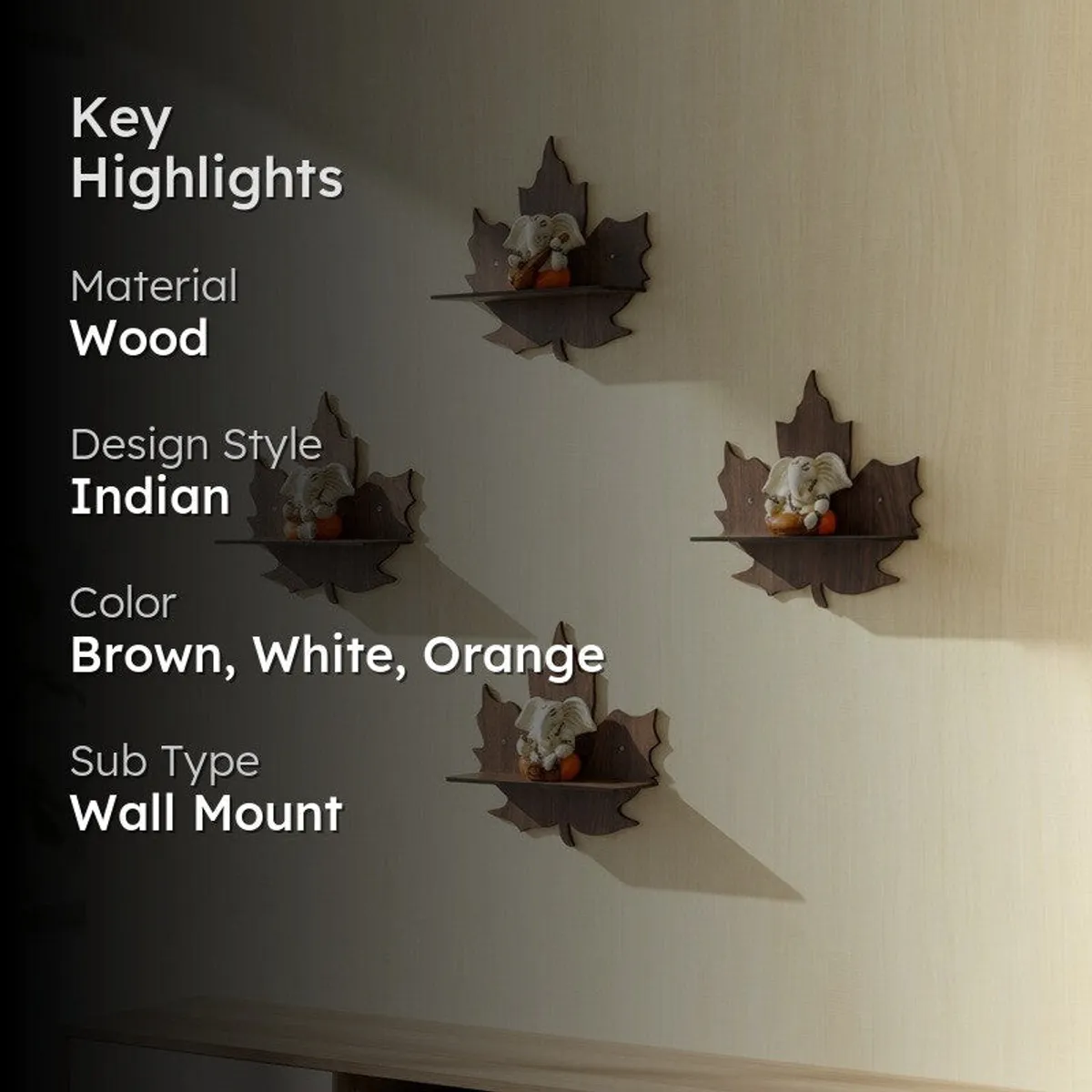 Leaf-shaped wall accents with Ganesha figures displayed on a wall with key highlights text