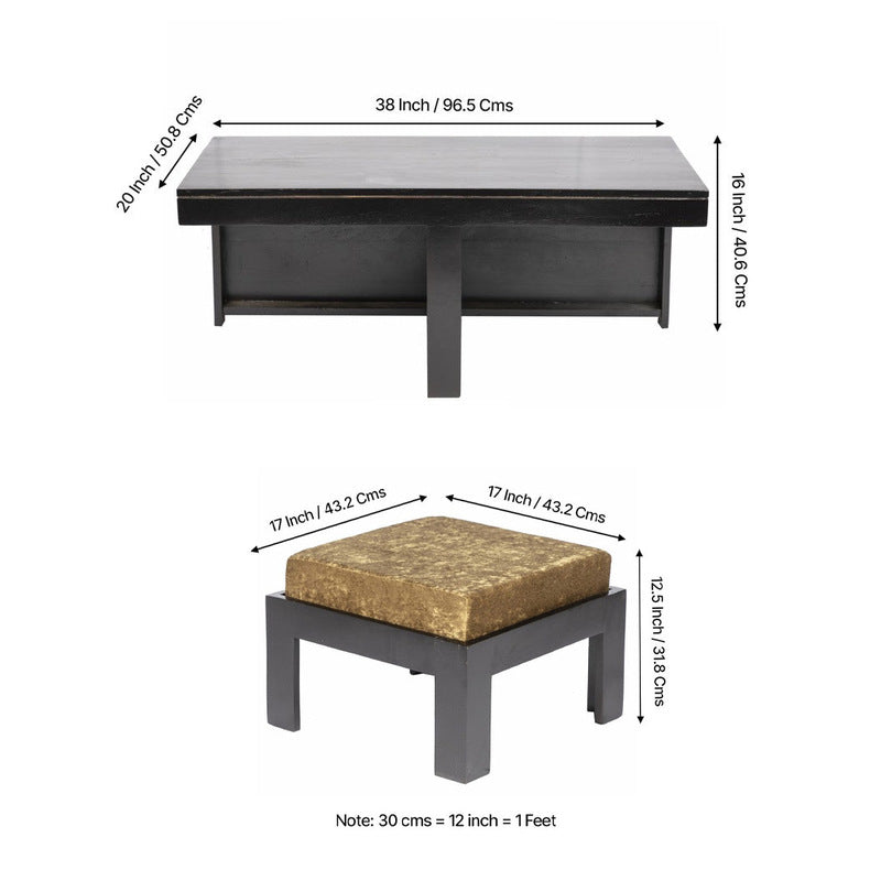Drexon Sheesham Wooden Center Table with Stools (Black,Gold) - Five Piece Set media 10
