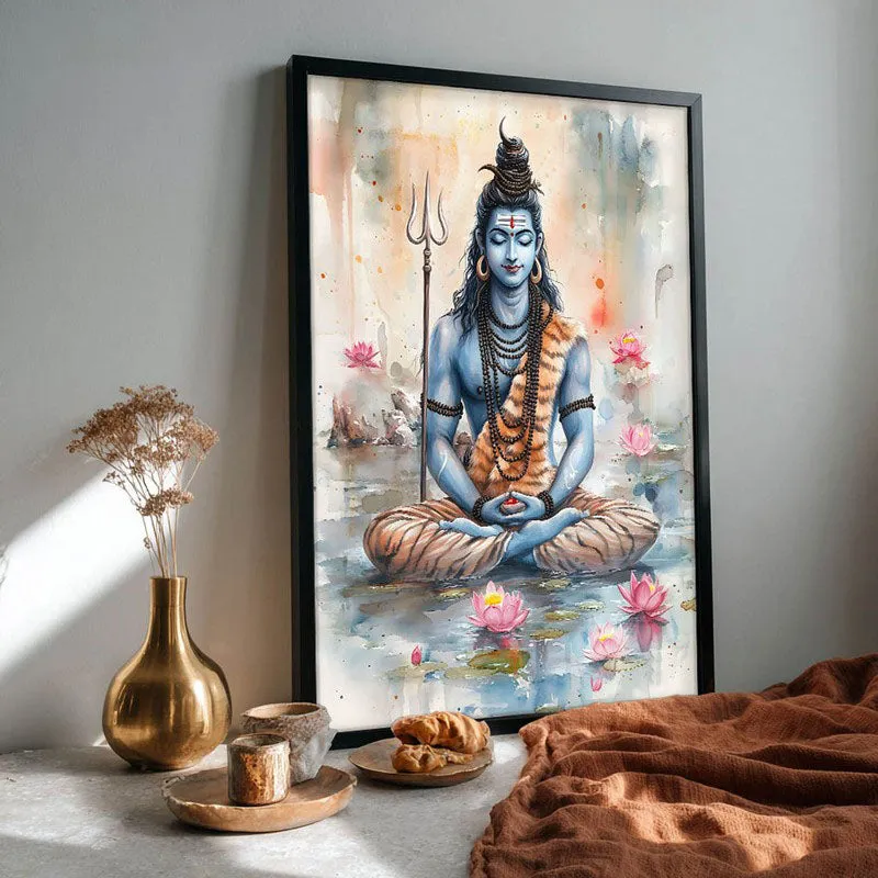 Adiyogi Shankara Spiritual Archival Paper Wall Painting With Frame - Black media 4